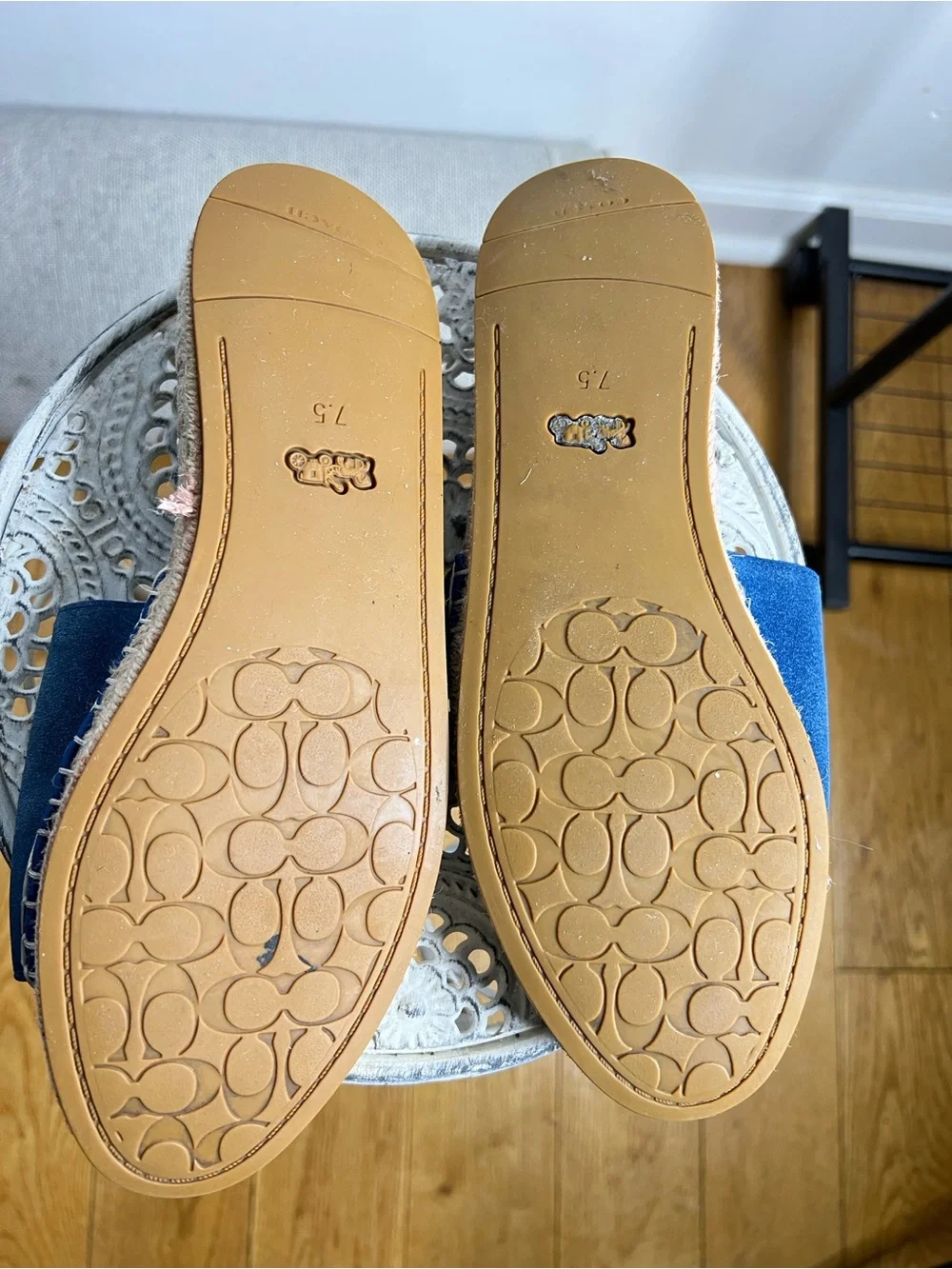 Coach Blue Suede Slide Espadrilles with Silver Horse-and-Carriage Medallions - Picture 6 of 6